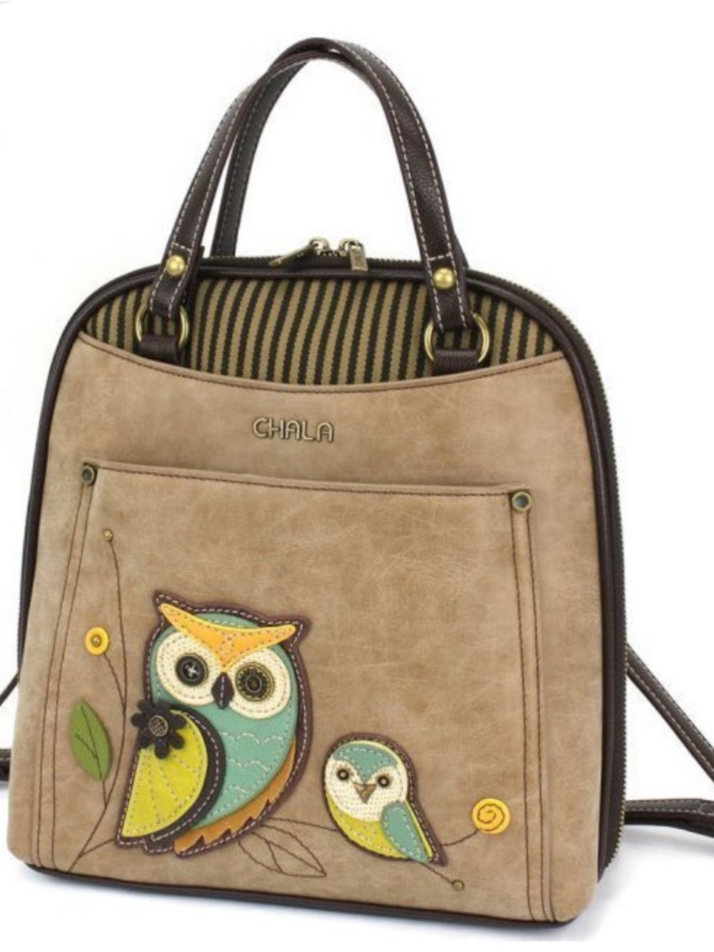 Chala Beige Owl Applique Backpack with Aqua & Yellow Accents